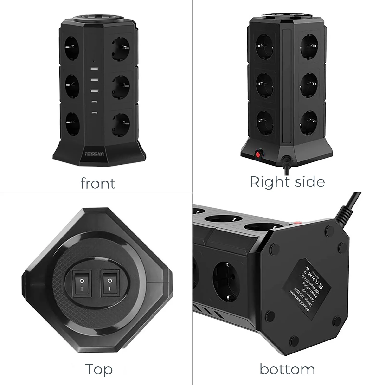 TESSAN Tower-Steckdosenleiste mit Mehrfachsteckdosen, 3 USB-Anschlüssen, 2 Typ-C-Anschlüssen, 2M Verlängerungskabel, Überspannungsschutz, EU-Stecker, Vertikale Elektrosteckdose – Detail 6