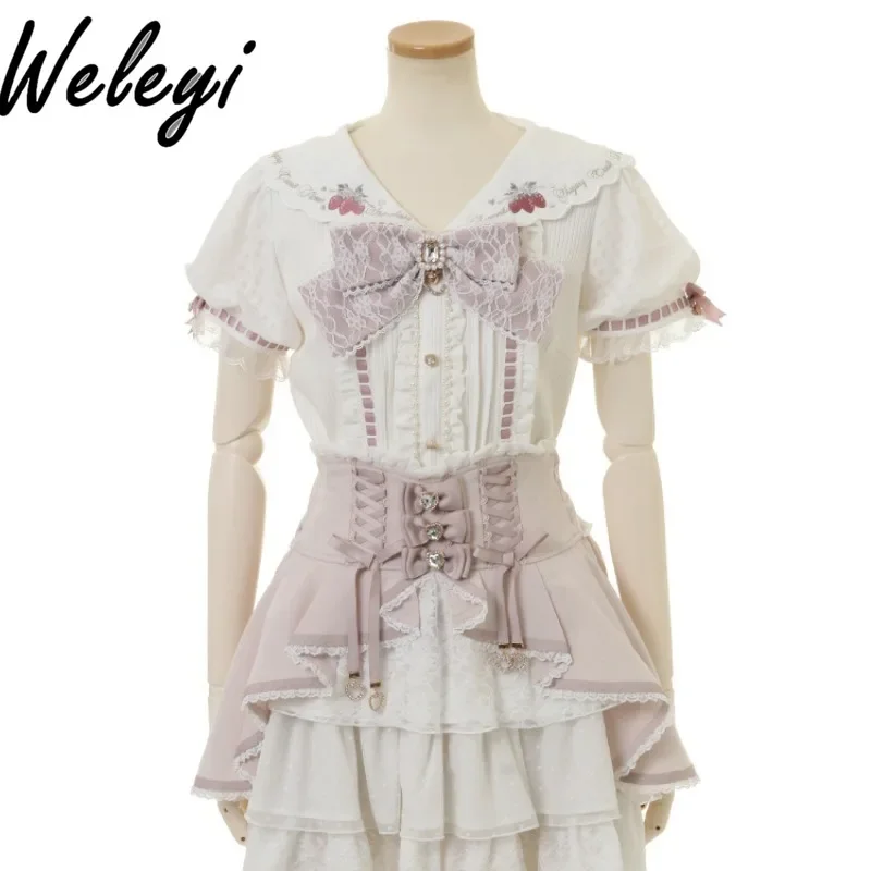 

Cute Lolita Bow Shirts Ropa Mujer Japanese Fashion Summer Sweet Tops Mine Strawberry Embroidered Sailor Collar Camisas E Blusas