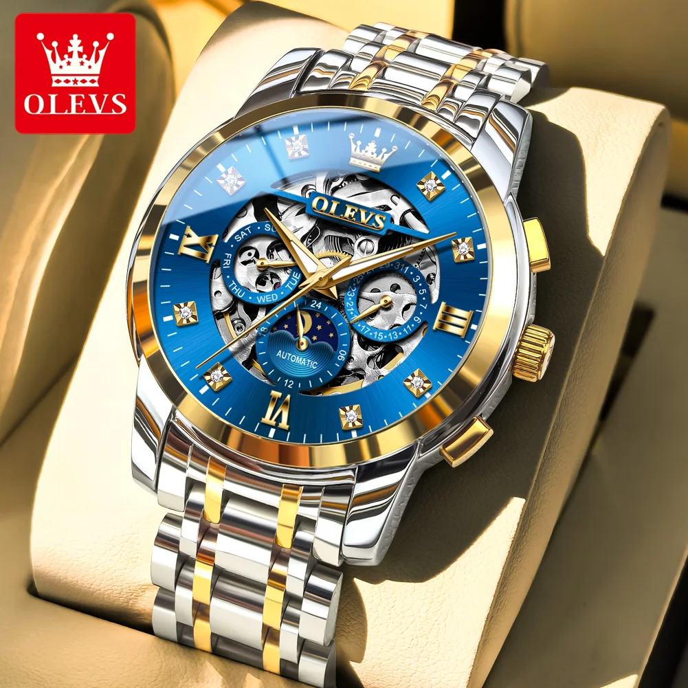 

OLEVS Fashion Luxury Men's Watch Hollow Design Automatic Mechanical Watch 30m Waterproof Luminous Calendar Week Brand Wristwatch