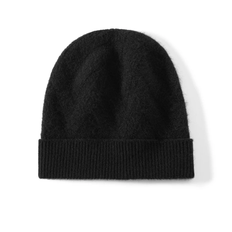 KOIJINSKY Unisex Autumn Winter 35% Cashmere 65% Merino Wool Diamond Cable Knit Beanie Solid Ribbed Cuff Foldable Elastic Soft Th