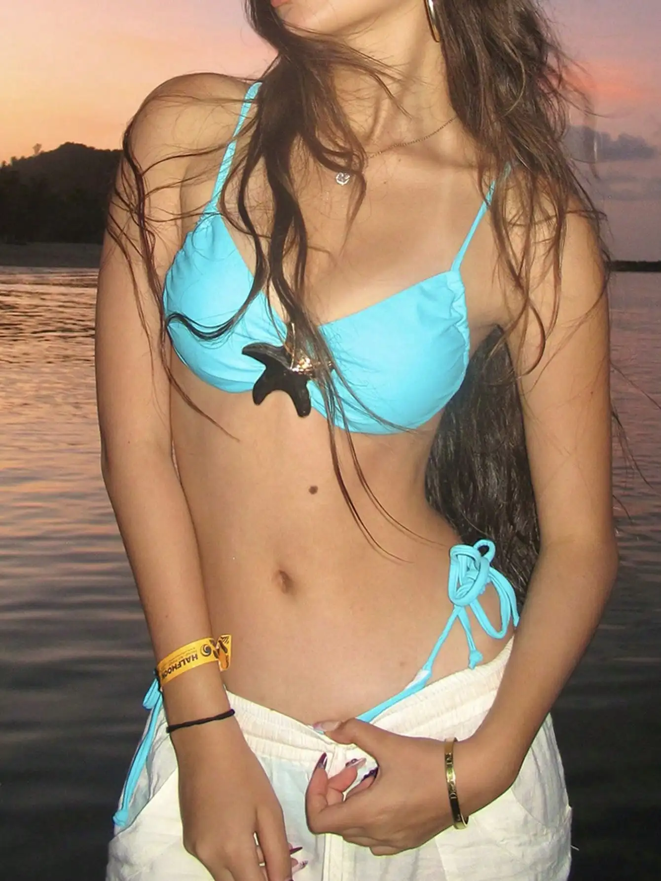 

Ladies' Summer Sexy Beachwear, Light Blue Bandeau Metal Starfish, Three-Dimensional Accessories, Thong, Side Lace-Up Bikini Set