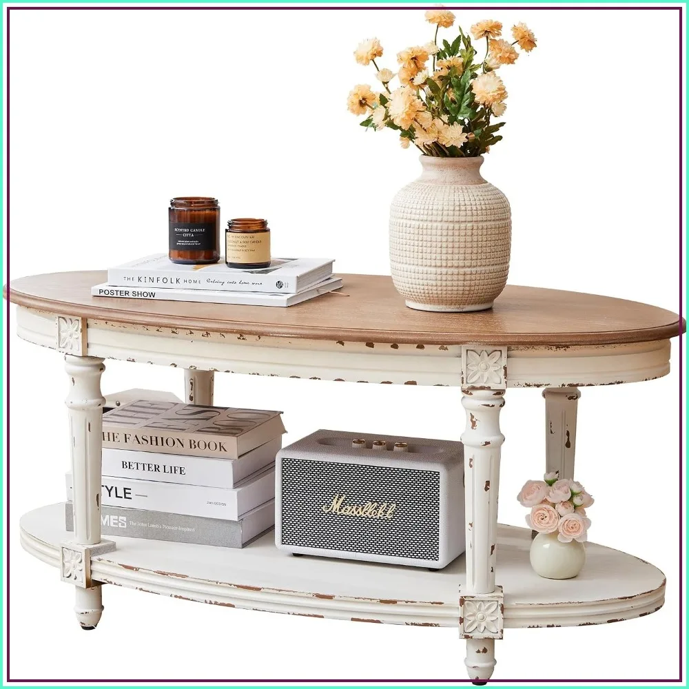Farmhouse Oval Coffee Table 39 Inch, 2-Tier Distressed Wood Center Table