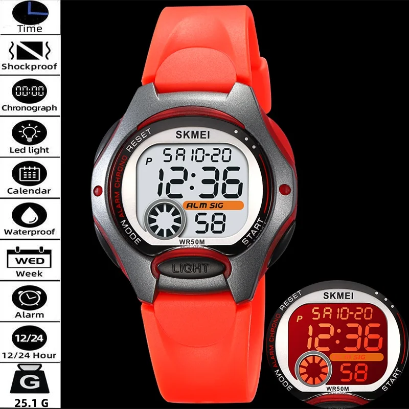 Relojes deportivos impermeables marca Skmei para niños, reloj despertador con cronógrafo Digital LED, reloj de pulsera para niños de 12 a 24 horas, niños y niñas