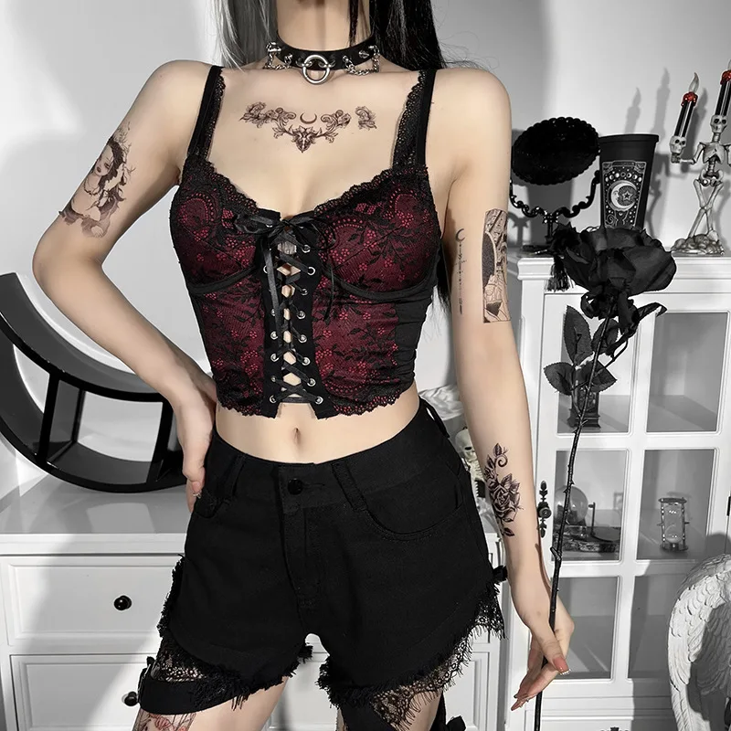 Goth Cross Print Lace Bodycon Crop Tops Camis Sexy Y2K Aesthetic Black Red Basic Corset Tank Top Summer Clothes for Women Girls