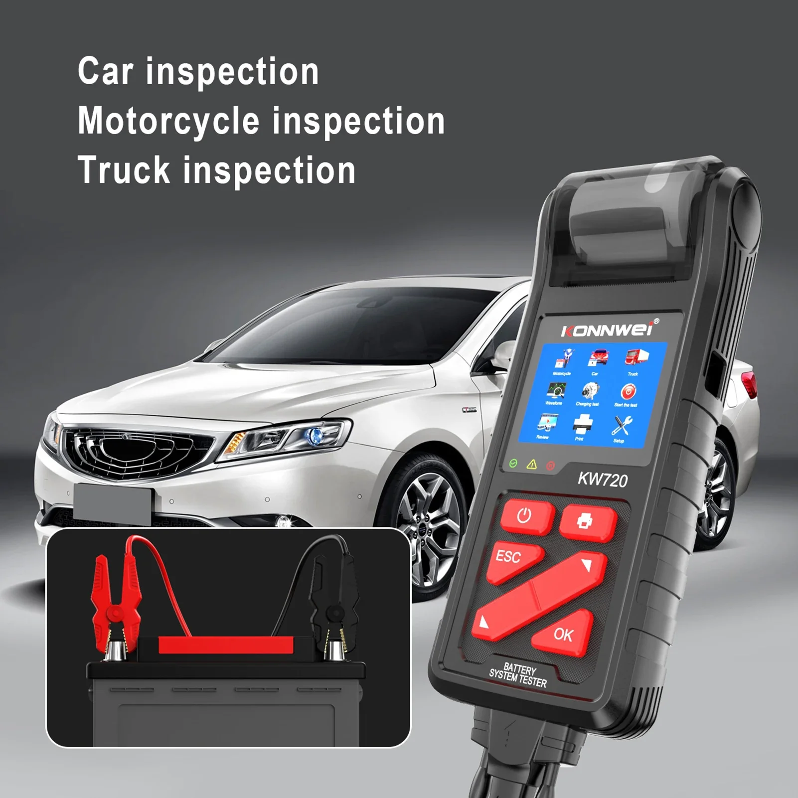 KW720 Car Battery Tester with Intergrated Printer 6V 12V 24V Battery Load Tester Cranking and Charging System Test Scan Tool