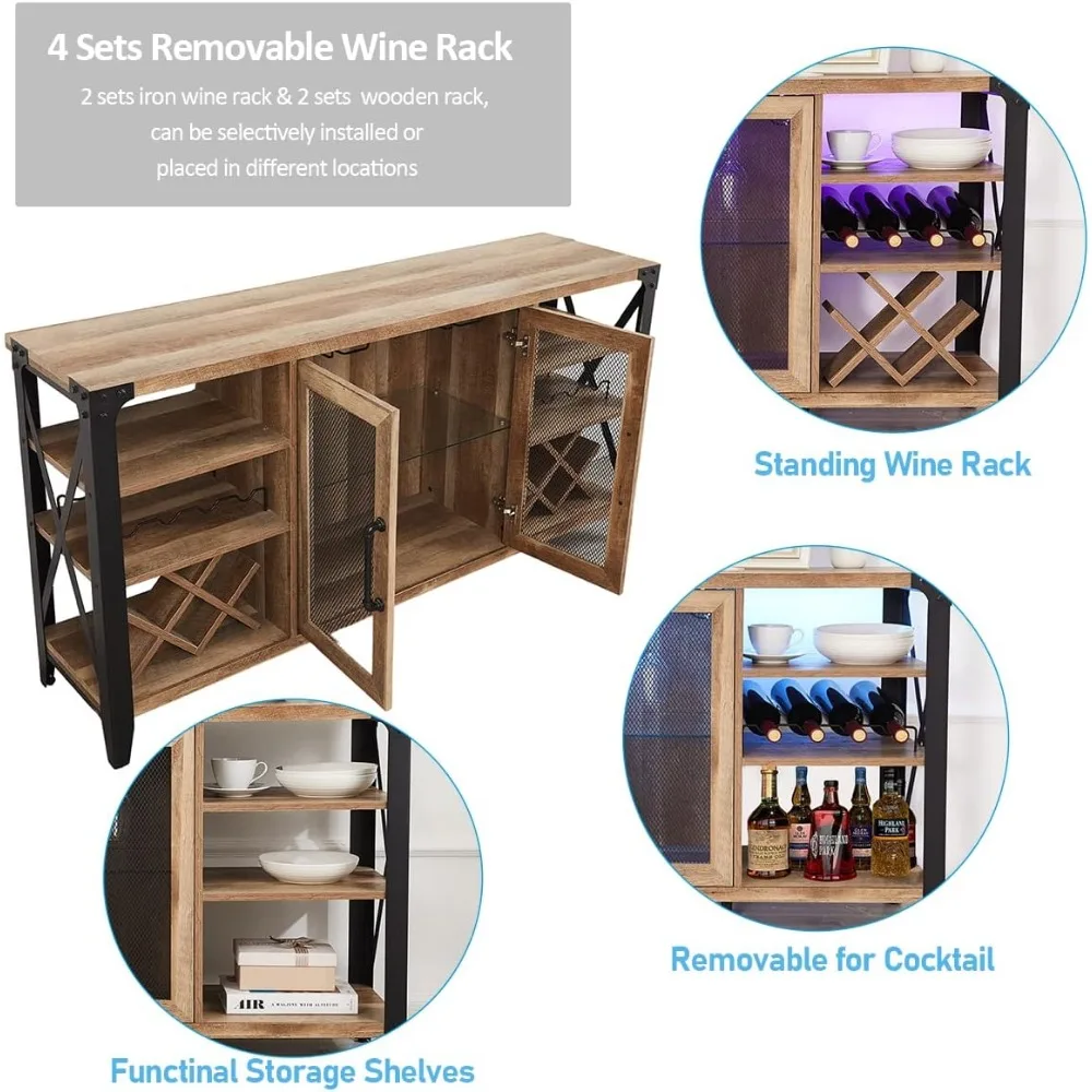 Gabinete de bar de vino de 58 "con estante de almacenamiento para vino, barra casera para licores y vasos, gabinete de bar de café de granja, cabina de licor