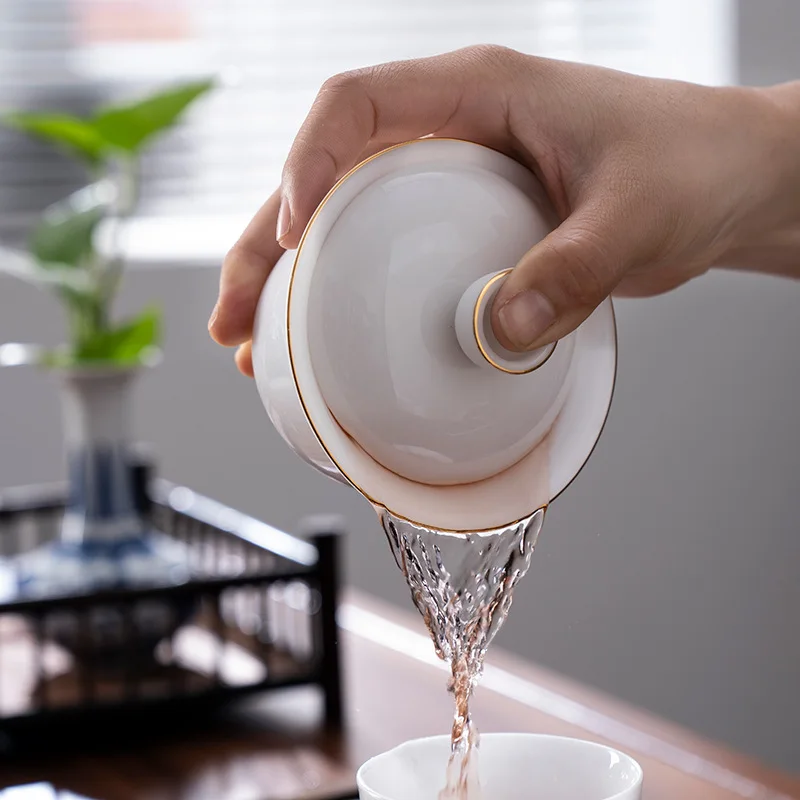 Yangzhi Jade Porcelain Three-Talent Covered Bowl Single High-End Tea Brewing Bowl Ceramic Covered Tea Cup Kung Fu Tea Brewing Cu