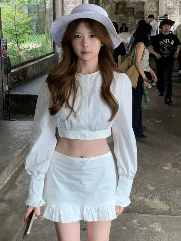 

Белое платье-рубашка женское, новинка ранней осени 2025, красивый облегающий комплект с короткой юбкой, высокая талия, полиэстер, длинный рукав