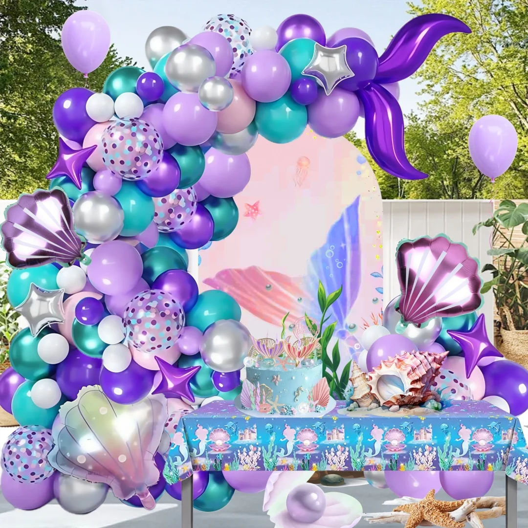 106-teiliges Meerjungfrauen-Ballonbogen-Set, bestehend aus 18 Zoll langen, lilafarbenen, S-förmigen Meerjungfrauen-Schwänzen und 14 Zoll großen, bunten Muschel-Folienballons, ideal für