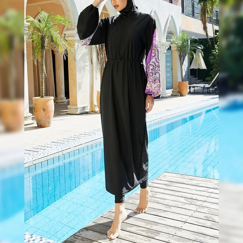 

3pcs Burkini Modest Swimsuit Muslim Women Swimwear Long Swim Dress Robe Paisley Print Bathing Suit Conservative Maillot De Bain