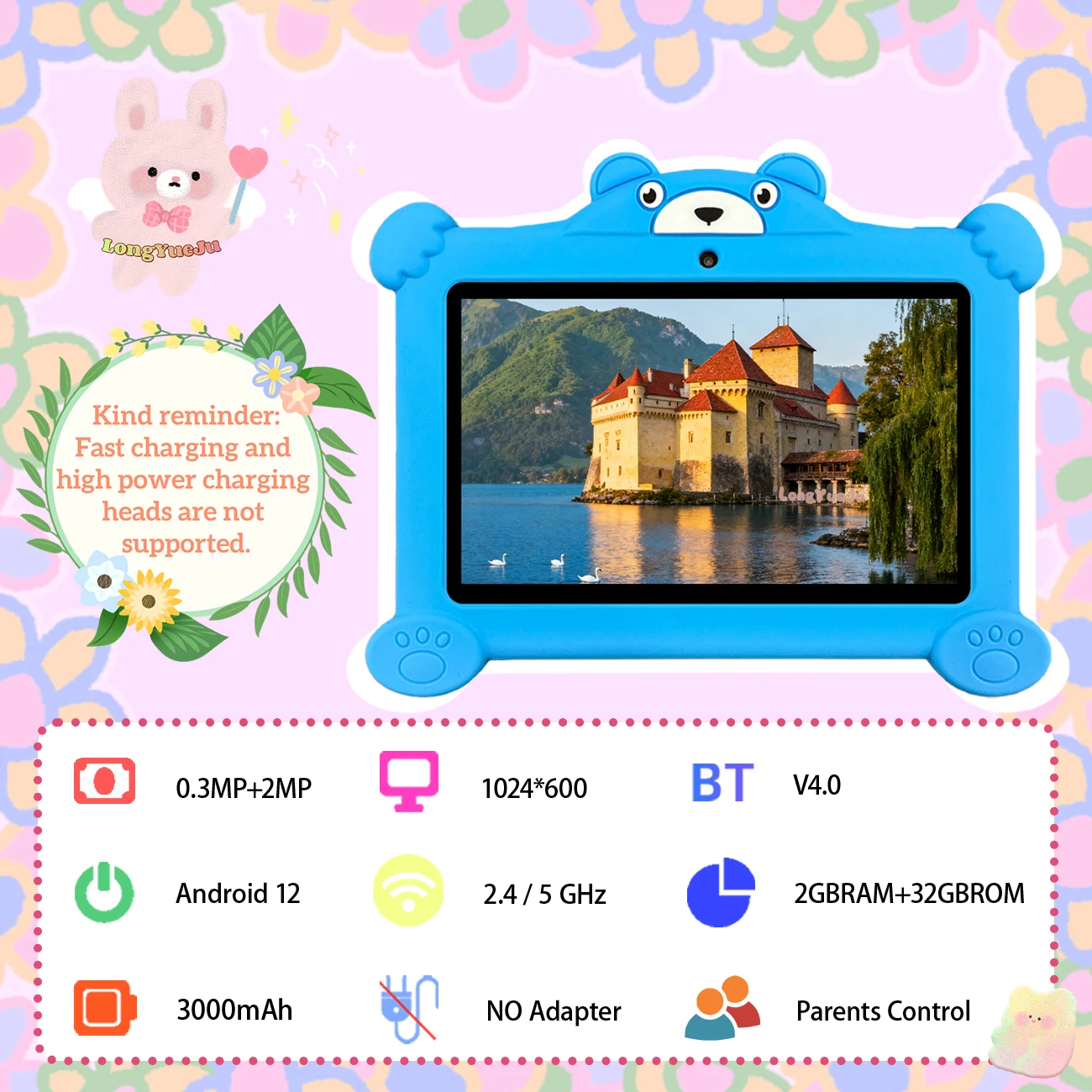 7-inch kindertablet, Android 12, dubbele camera's, educatieve software, ouderlijk controlesysteem, perfect cadeau