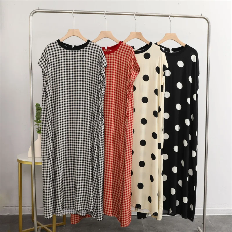 Fashion Plaid And Dot Night Dress Women Loose Cotton Short Sleeve Sleepwear Nightgowns Summer Ladies Nightwear Sleeping Clothes