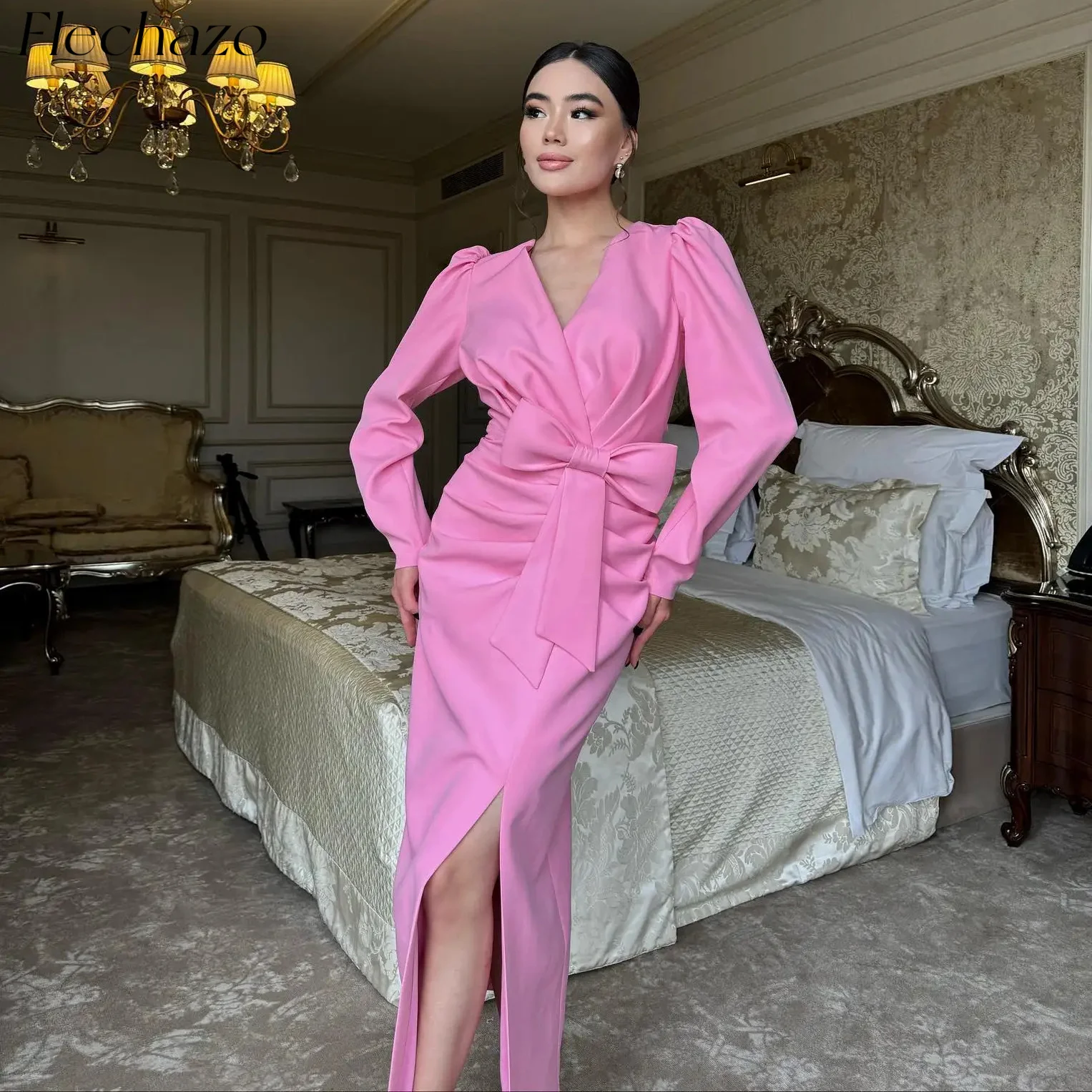 

Flechazo Evening Dresses V Neck Bow Ankle-Length Side Slit Simple Elegant Celebrity Party Dress For Women 2024 فساتين السهرة