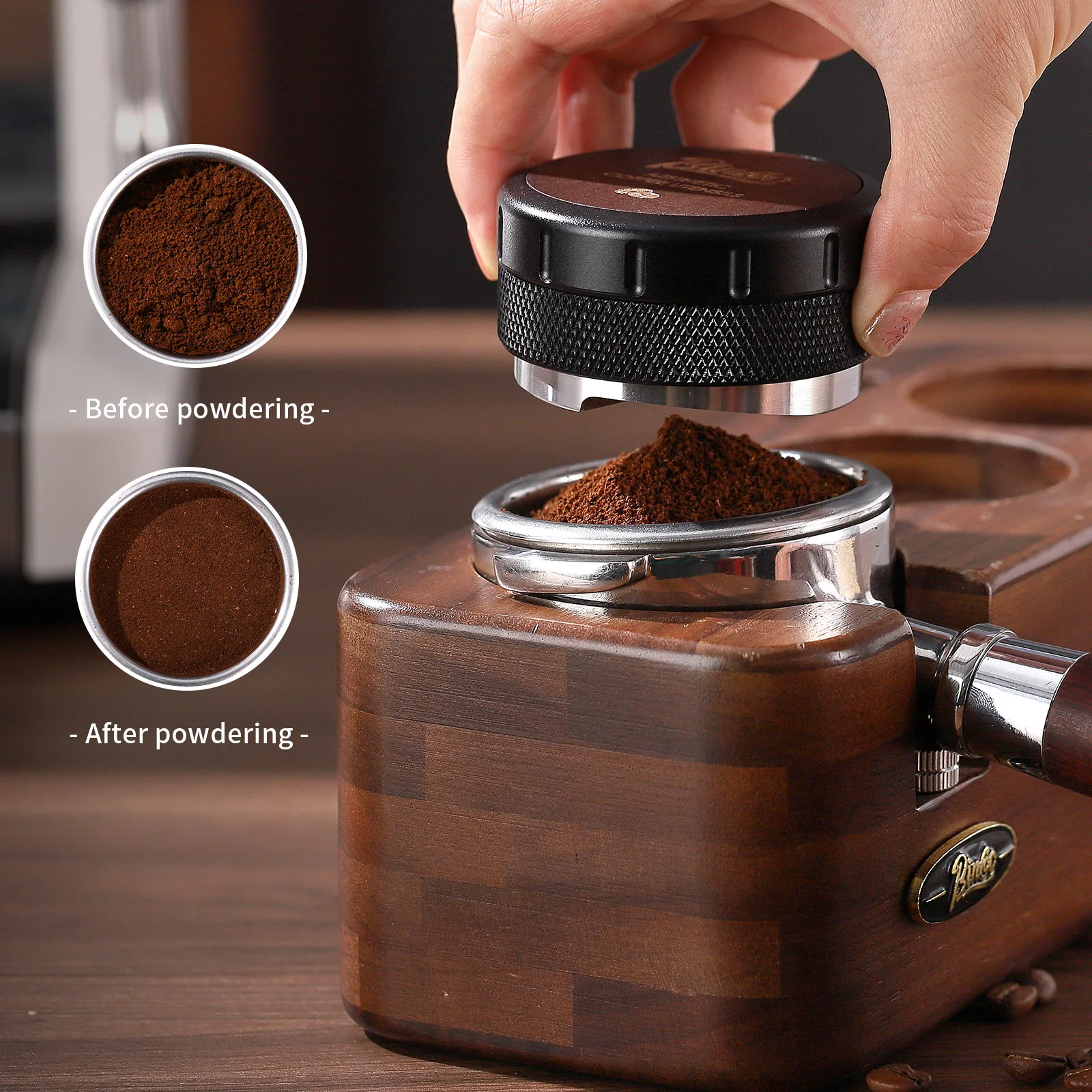 Bincoo Coffee Distributor,Walnut Cover Coffee Leveler Fits for 51/58mm Portafilter,Adjustable Depth Espresso Distributor