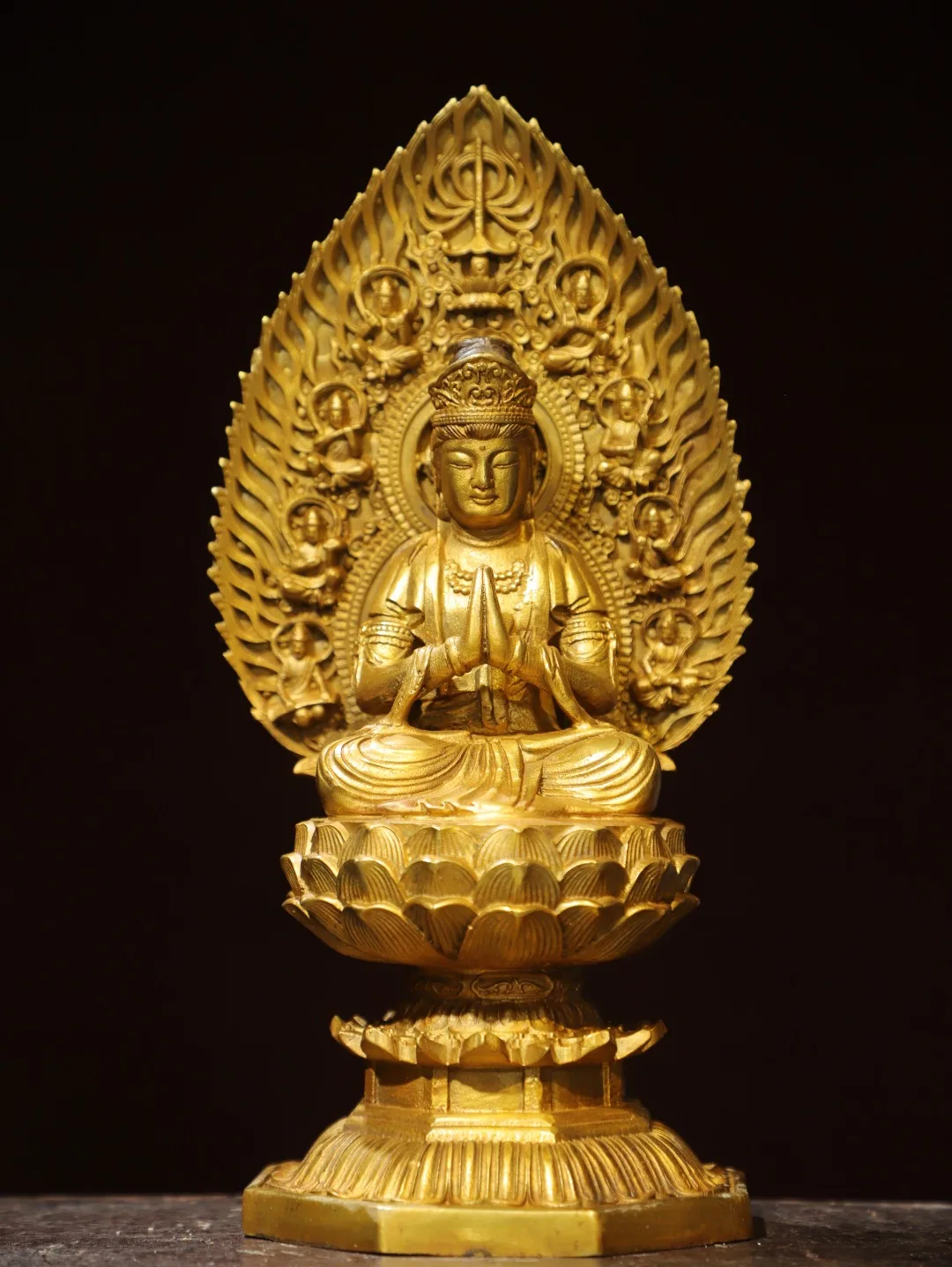 

11"Tibetan Temple Collection Old Bronze Gilded Cinnabar Backlight Guanyin Lotus Buddha Terrace Buddha Amitabha Worship Hall