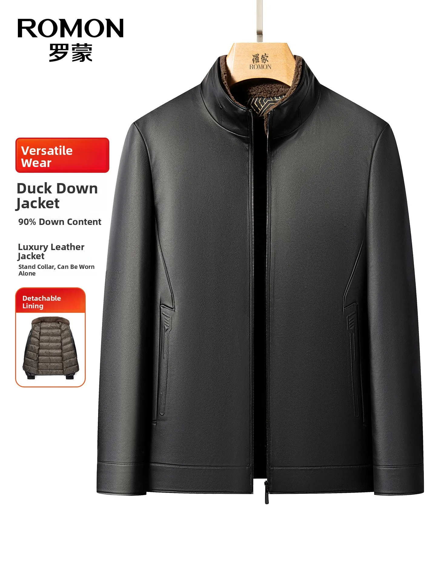 Lormen Men's Short Luxury Style Detachable Inner Vest down Jacket Leather Coat Warm Thickened Zipper Closure Casual Fashion