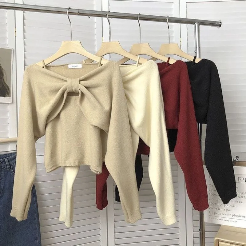 Sweet Bow Long Sleeve Sweater Women + Slim Fit Simple Knitted Tank Tops Women Autumn Winter 2024 New Korean Chic Two Piece Set