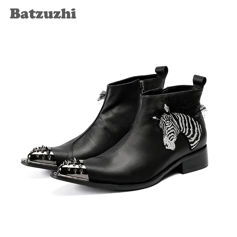 

Batzuzhi Luxury Botas Hombre Pointed Safety Boots Men Genuine Leather Ankle Boots Black Appliques Party Business botas hombre