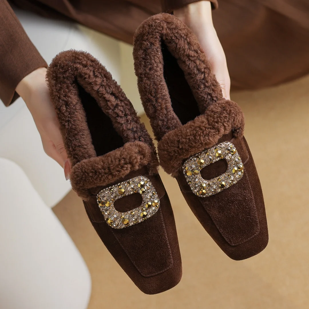 Women\'\'s natural suede leather wool inside crystal buckle square toe slip-on winter flats loafers high quality cold weather shoe