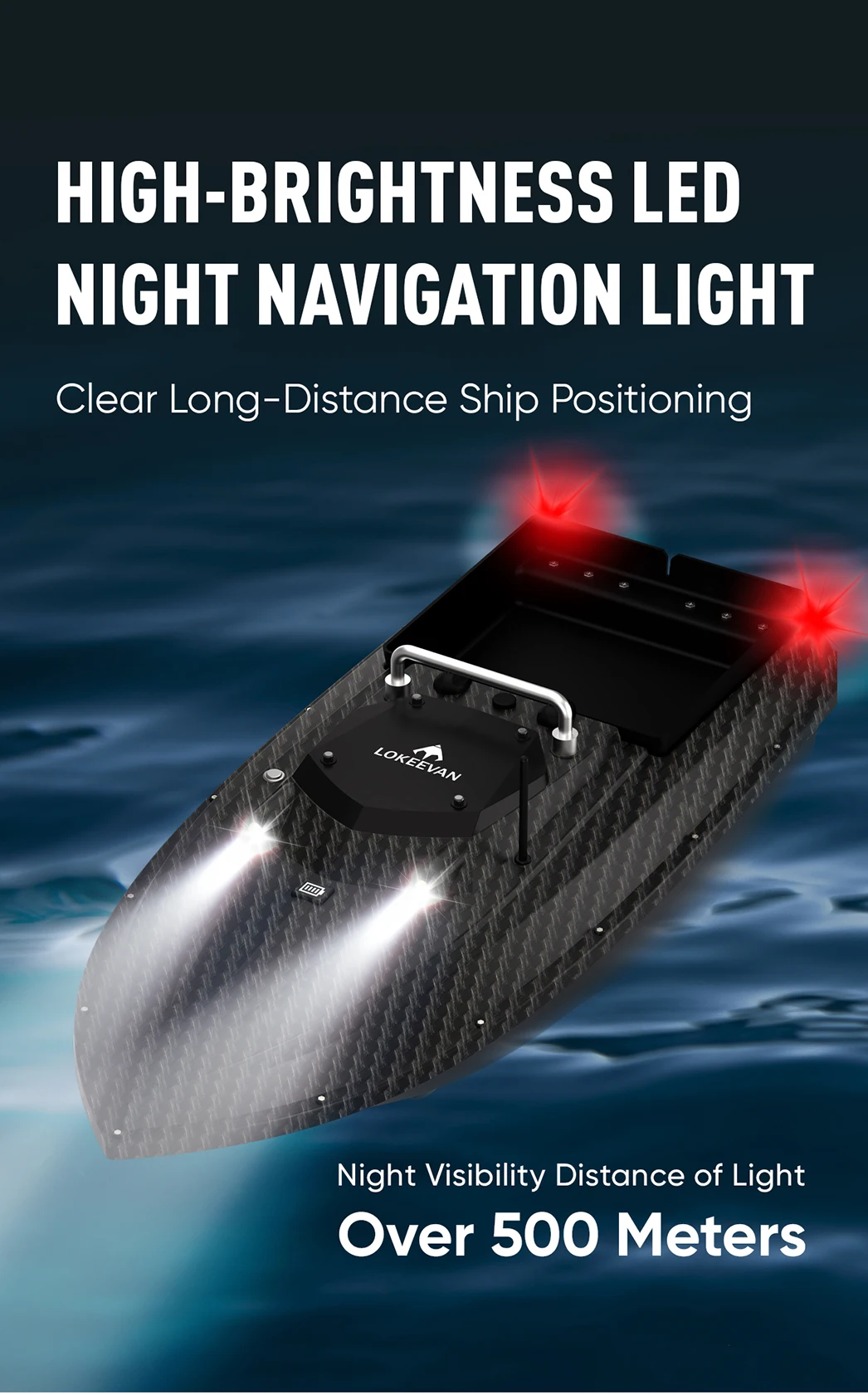Köderboot mit GPS, 600 m Fernsteuerung, RC-Nachtboot mit LED-Beleuchtung zum Angeln, 3 kg Ladekapazität, Angelboot, 46800 mAh, 65 cm verlängerte Rumpflänge, 3,6 m/1S Hochgeschwindigkeits-Köderauswurf, Hakenlieferung, Schleppnetz – Detail 13