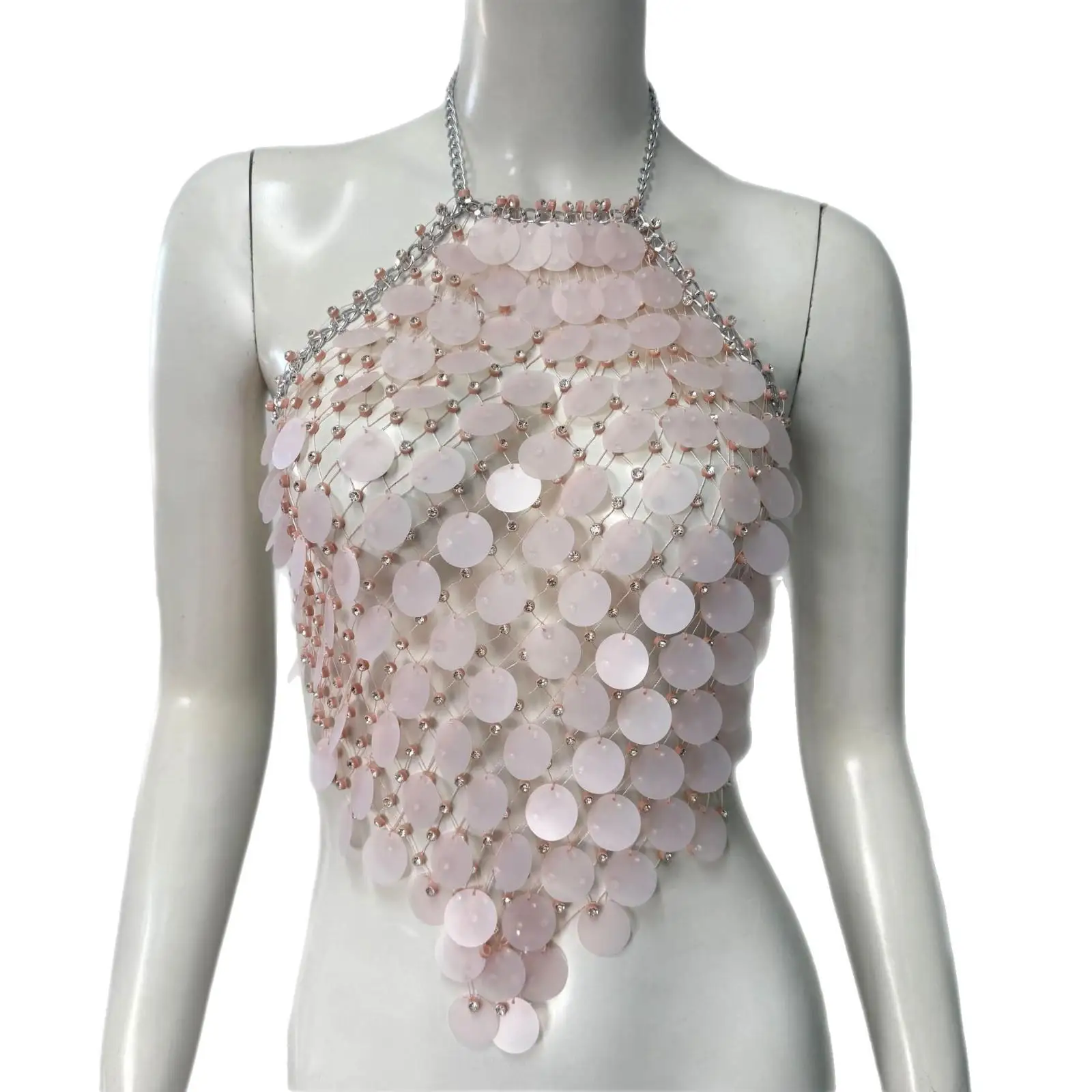 

Кроп-топ ручной работы с пайетками, бретельками-цепочками и бриллиантовой отделкой, короткий, из триацетатного волокна, для сексуальных и дерзких девушек