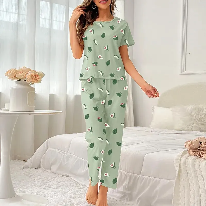 Conjunto de pijama de manga corta para mujer, ropa de dormir informal con pantalones, ropa de dormir suave para el hogar