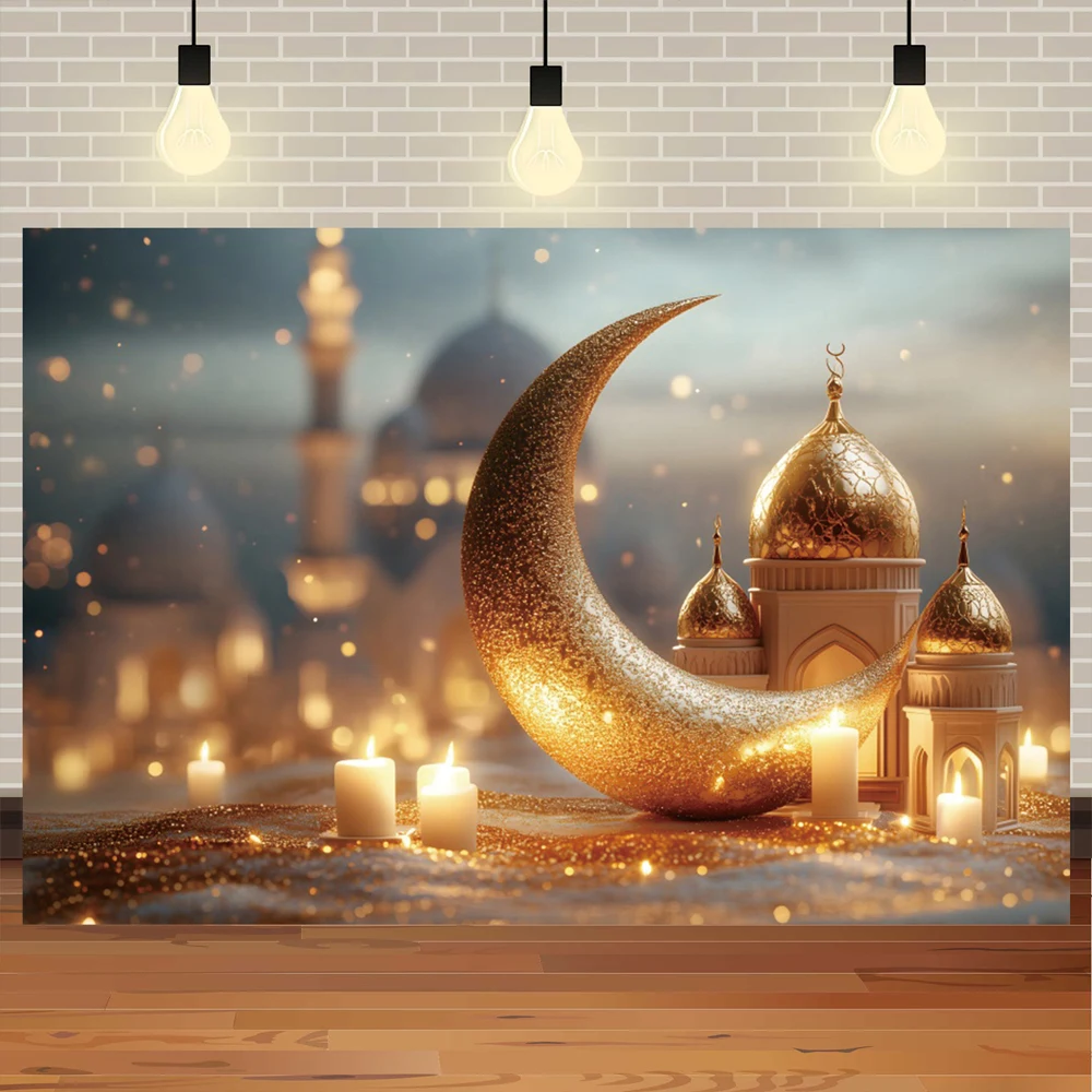 Golden Moon and Lantern Eid Backdrop for Photography Islamic Eid Al Adha Ramadan Party Room Decor Banner Photocall Studio Props