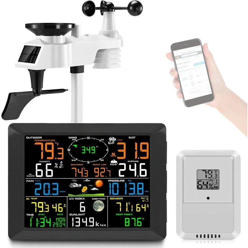 WiFi Smart Weather Station with Outdoor 7-in-1 Sensor, Internet Wireless Weather Station Remote Monitoring System,