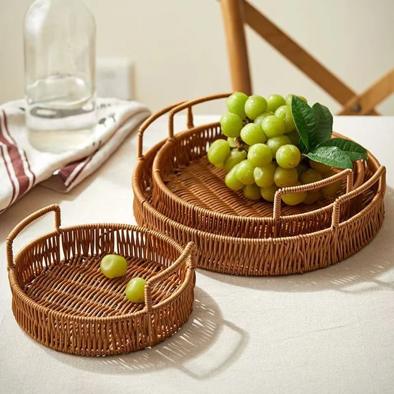 

Food Plate Handwoven Plastic Imitation Rattan Storage Tray Round Shape Fruit Vegetable Cake Storage Basket With Handle