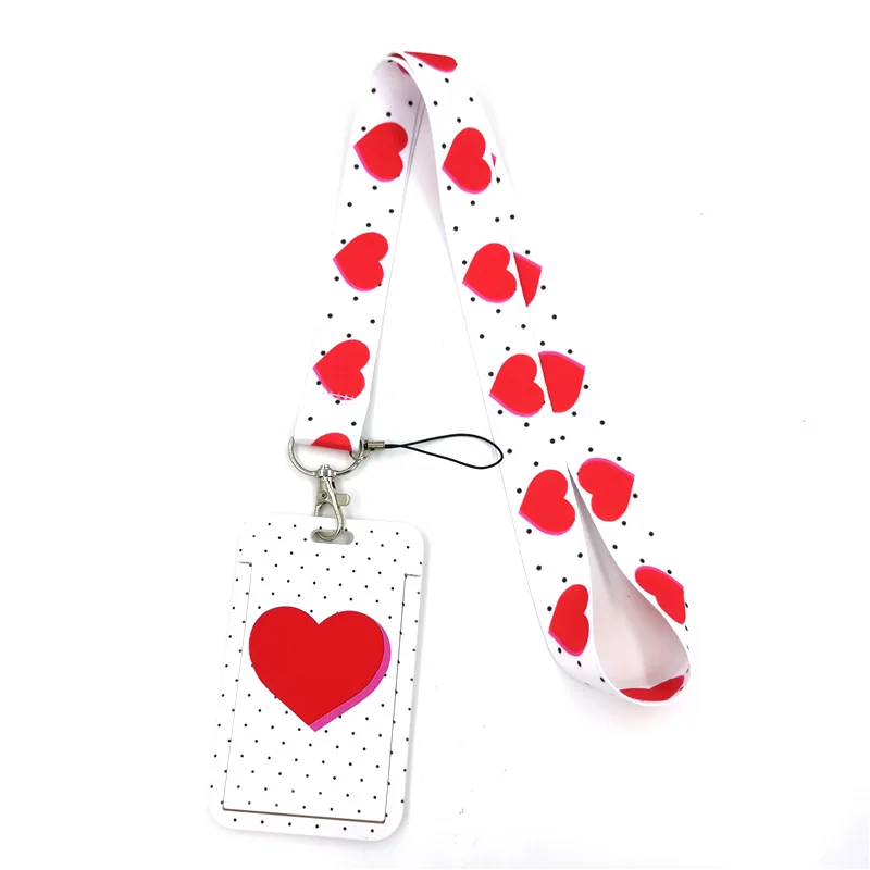 Pink Heart Love Point Wave Lanyard Credit Card ID Holder Bag Student Women Travel Card Cover Badge Car Keychain Decorations