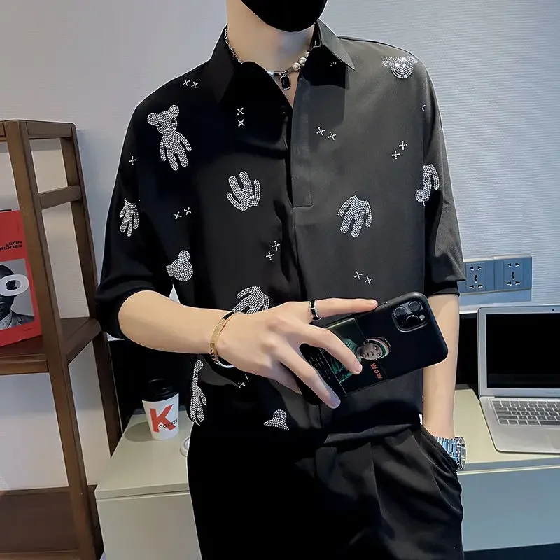LIBIELIY Stylish Lapel Solid Color Diamonds T-Shirt Men Clothing 2025 Spring New Oversized Casual Pullovers Half Sleeve Korean T