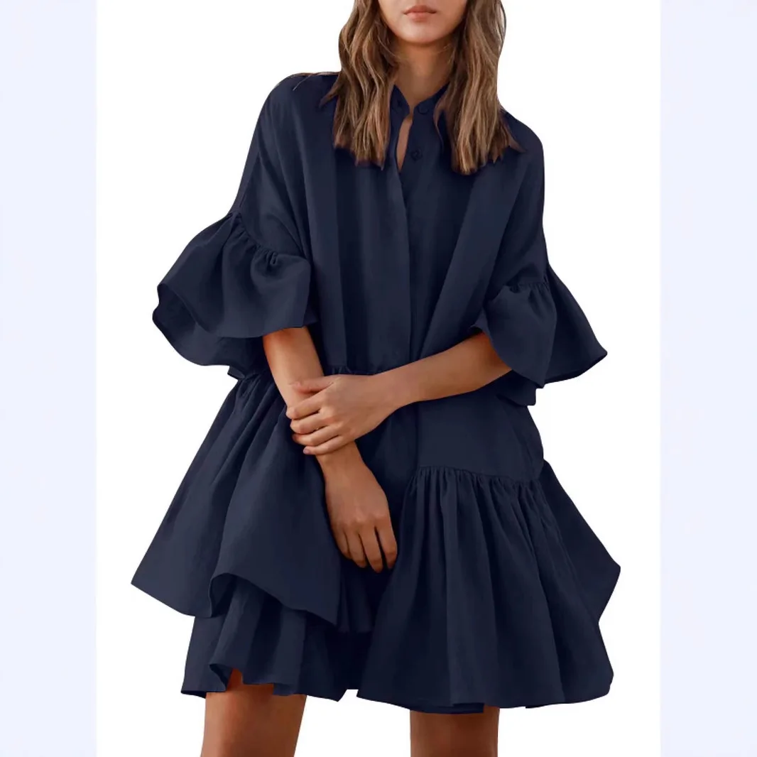 Vestido feminino casual mini vestidos em camadas sólido alargamento manga único breasted emenda uma linha elegante temperamento babados vestidos