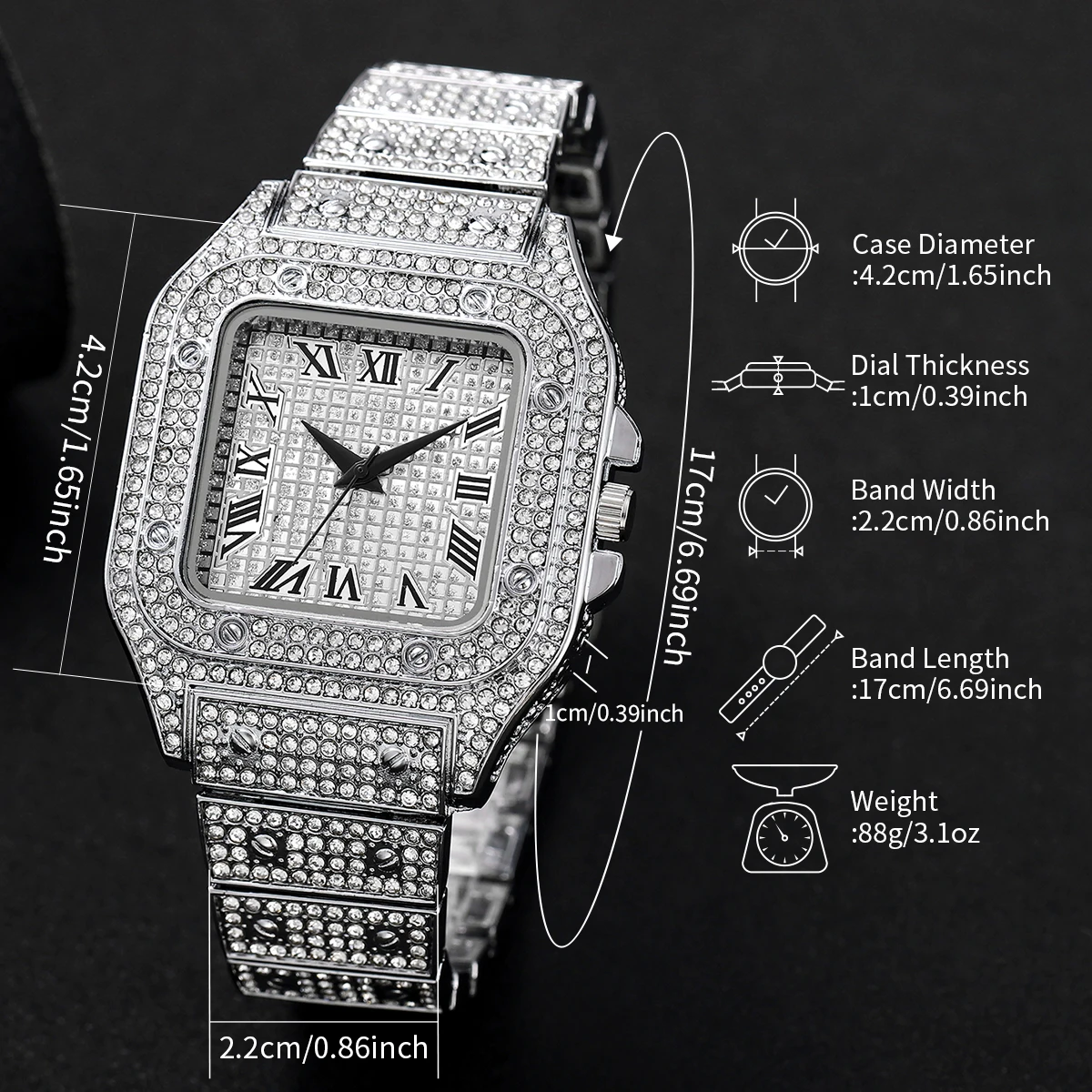 4PCS Fashion Iced Out Square Men Watch Cuban Chain Bracelet Necklaces Set Luxury Diamond Quartz Wristwatch Jewelry（Without Box） view 5