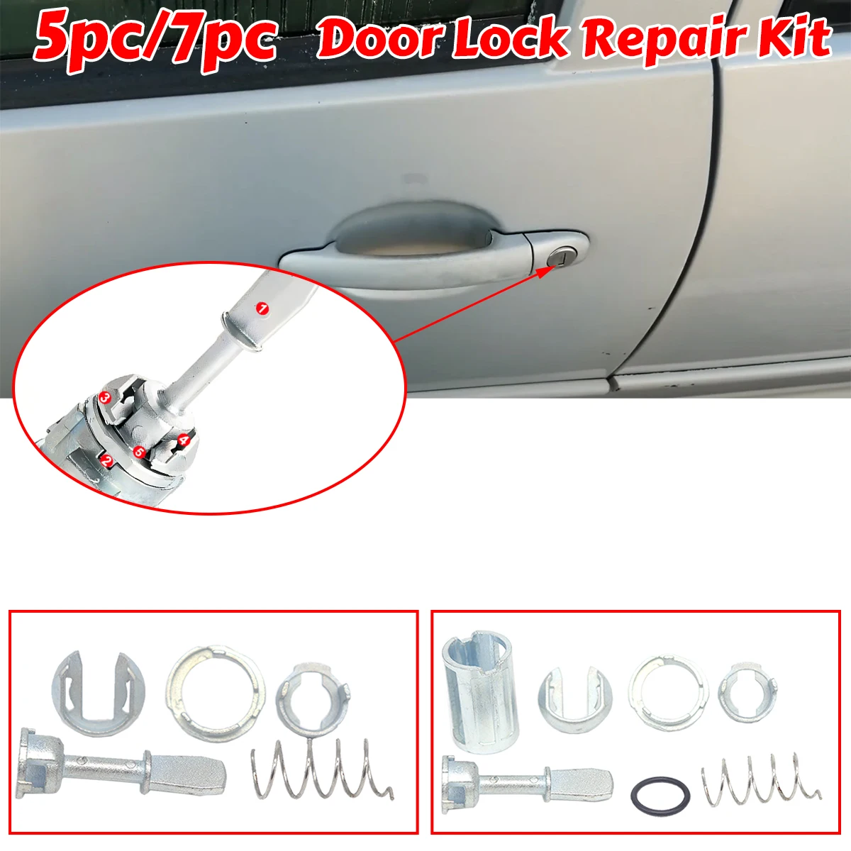 

5pc/7pc Front Door Handle Lock Cylinder Barrel Paddle Rubber Seal Repair Kit Tool 44.4MM Kit Boot Lids For Audi Skoda VW Golf