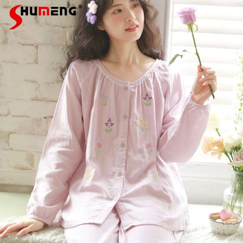 Spring Autumn Sweet Pajamas for Women Pure Cotton Gauze Long Sleeve Air Conditioning Clothes Female Wearable Homewear Set