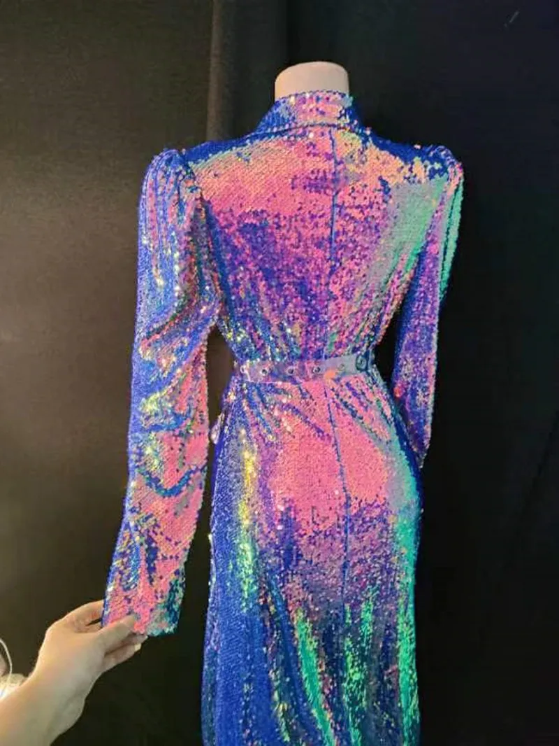 Bar Concert Stage Performance Glitter Sequins Long Coat Purple Blue Sequined Dress Cloak Nightclub Singer Drag Queen Costume