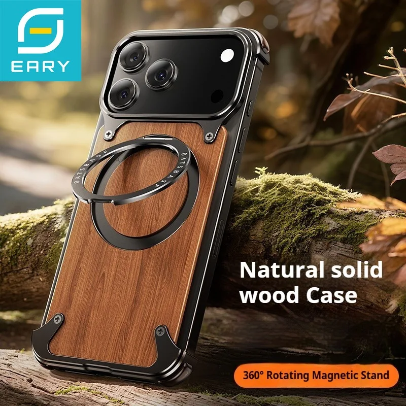 Eary Natural Wood for iPhone 17 Pro Max 17 Air Case Frameless with MagSafe 360°Rotation Phone Stand Shockproof Protective Cover