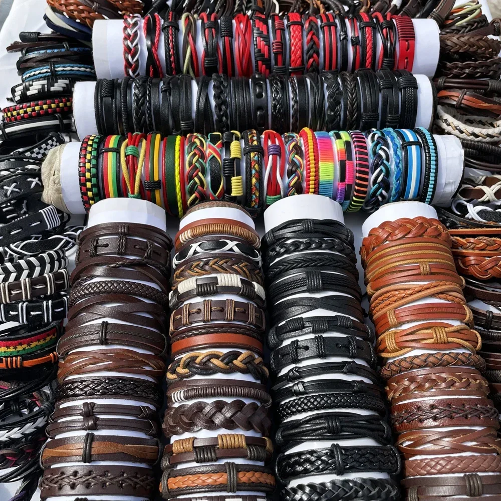 

Wholesale Random 50PCS/Lot Surfer Bracelet Handmade Men's Women's Braided Leather Cuff Bracelets Wrap Jewelry Party Gift NM4