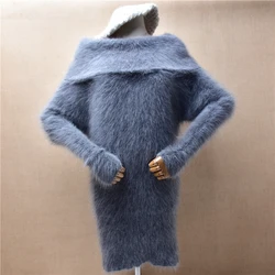 Female Women Fall Winter Clothing Grey Hairy Mink Cashmere Knitted Big Turn-Down Neck Long Sweater Dress Angora Fur Jumper Pull