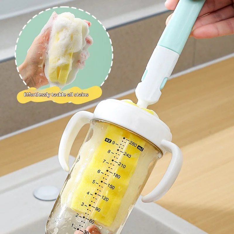 Long Handle Sponge Bottle Brush Detachable Cup Cleaner Scrubber Removable Sponge Head Cleaning Brush For Baby Bottle Water Cup
