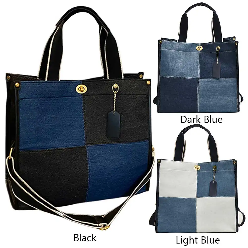 Bolsa jeans crossbody retrô para mulheres, bolsa de grande capacidade casual, alça ajustável, bolsa xadrez, bolsa feminina para encontros diários