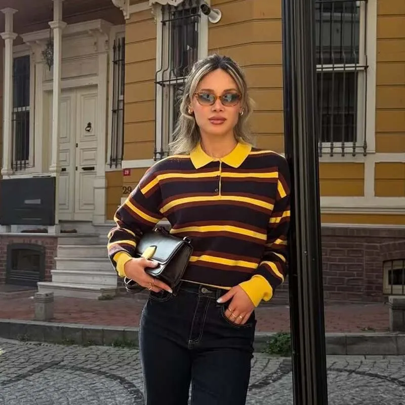

YENKYE Striped Knit Polo Neck Sweater Women Long Sleeve Casual Crop Pullover Female Chic Lady Tops