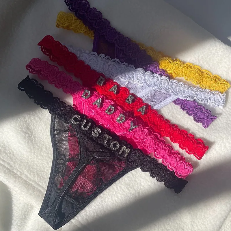 Custom Underwear Crystal Letters Personalised Thong Waist Jewelry Sexy Women Lace Bikini G-String Panty Girlfriend Birthday Gift