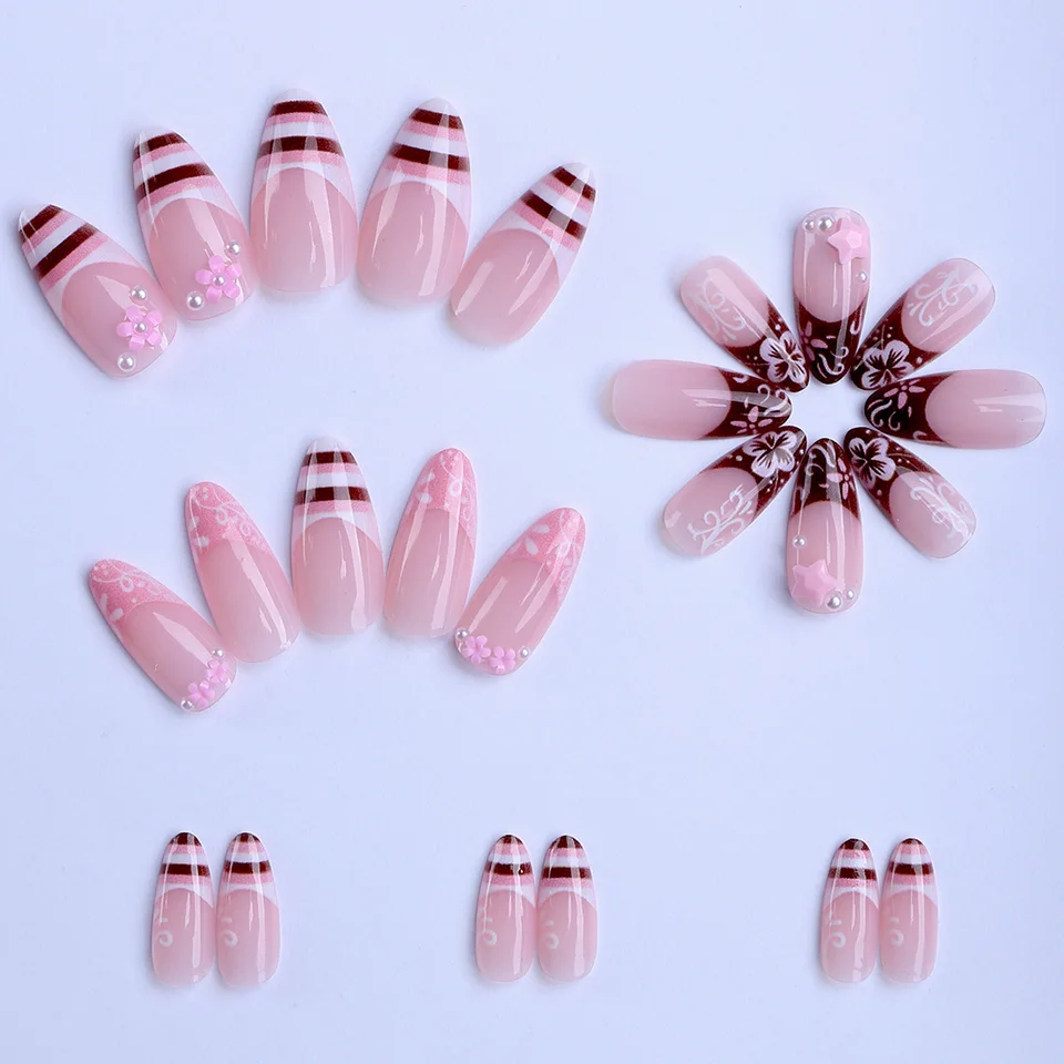24 piezas uñas postizas dulces de primavera con flores rosas, estrellas y perlas, estilo francés almendra 2