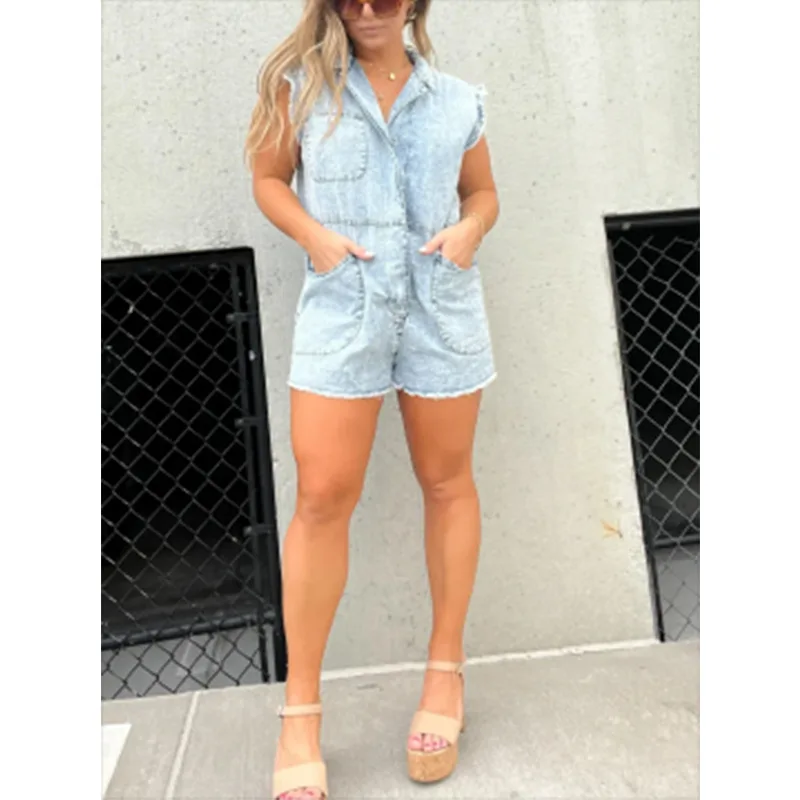 Women Jeans Rompers Denim Washing Mid Waist Spliced One Piece Overalls Pockets Pullover Looss Distressed Streetwear 2024