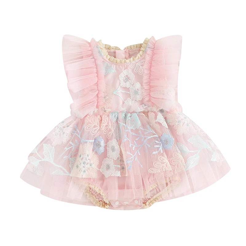 Summer Baby Clothing Girls Romper Dress Ruffle Fly Sleeve Embroidery Flower O-Neck Tulle Mini Dress Infants Girl Clothes