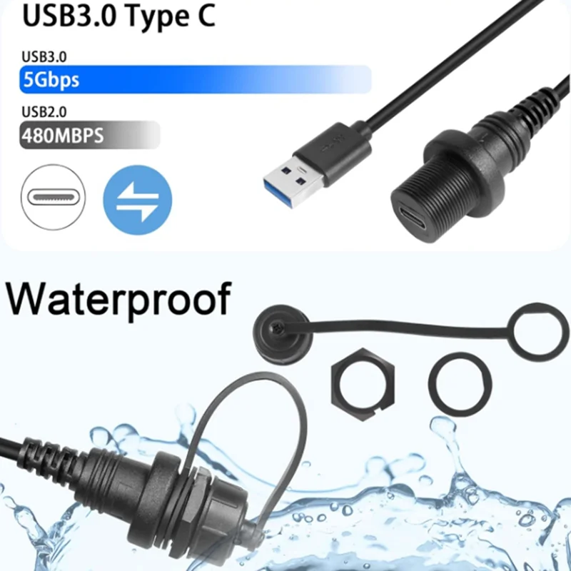 IP68 IP673FT USB 3.0 Male Female to Type C 3.0 Female Car Flush Mount Cable for Car Truck Boat Motorcycle Dashboard Computer etc