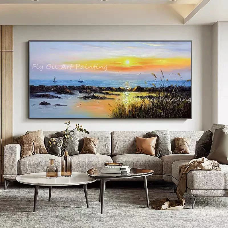 

100% Handmade ocean seaside thick knife landscape with sunset Oil Painting As A Gift For Home Kitchen Decoration