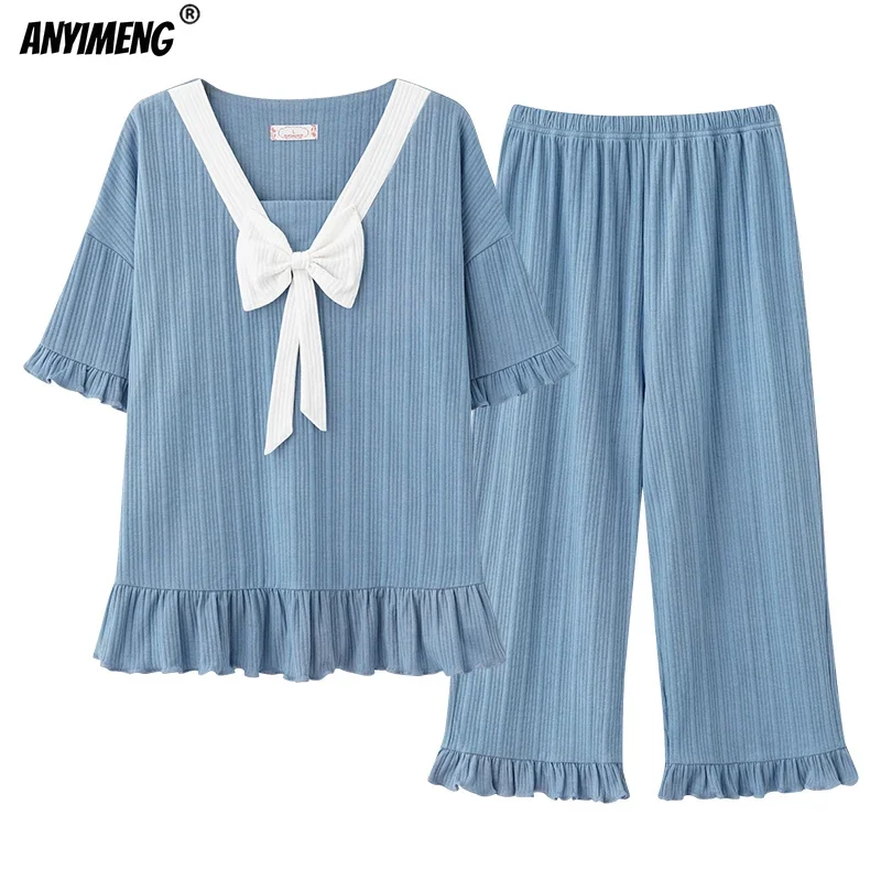 

Capris Women Pajamas Princess Style Cotton Summer Navy Collar Pyjamas Asian Size Bow Sky Blue Kawaii Pajamas Korean Youth Pj Set