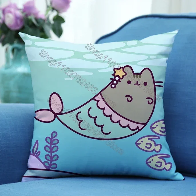 Pusheen Pillowcase Cute Cartoon Cat Print Pillowsli Bedroom Living Room Pillowsli Case Car Cushion 45X45cm Pillow Home Decor